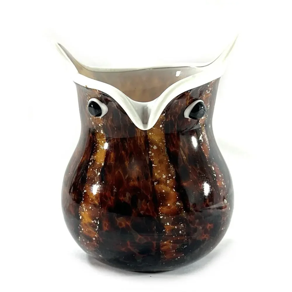 Vintage Art Glass Owl Vase / Planter Brown Tortoise Shell Look 5” Hand Blown